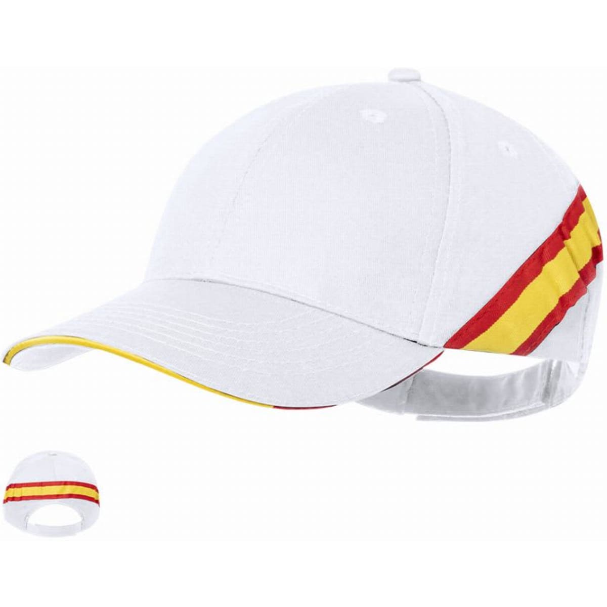 A cap featuring a white base with red and yellow stripes along the sides and a curved brim. It includes a logo.