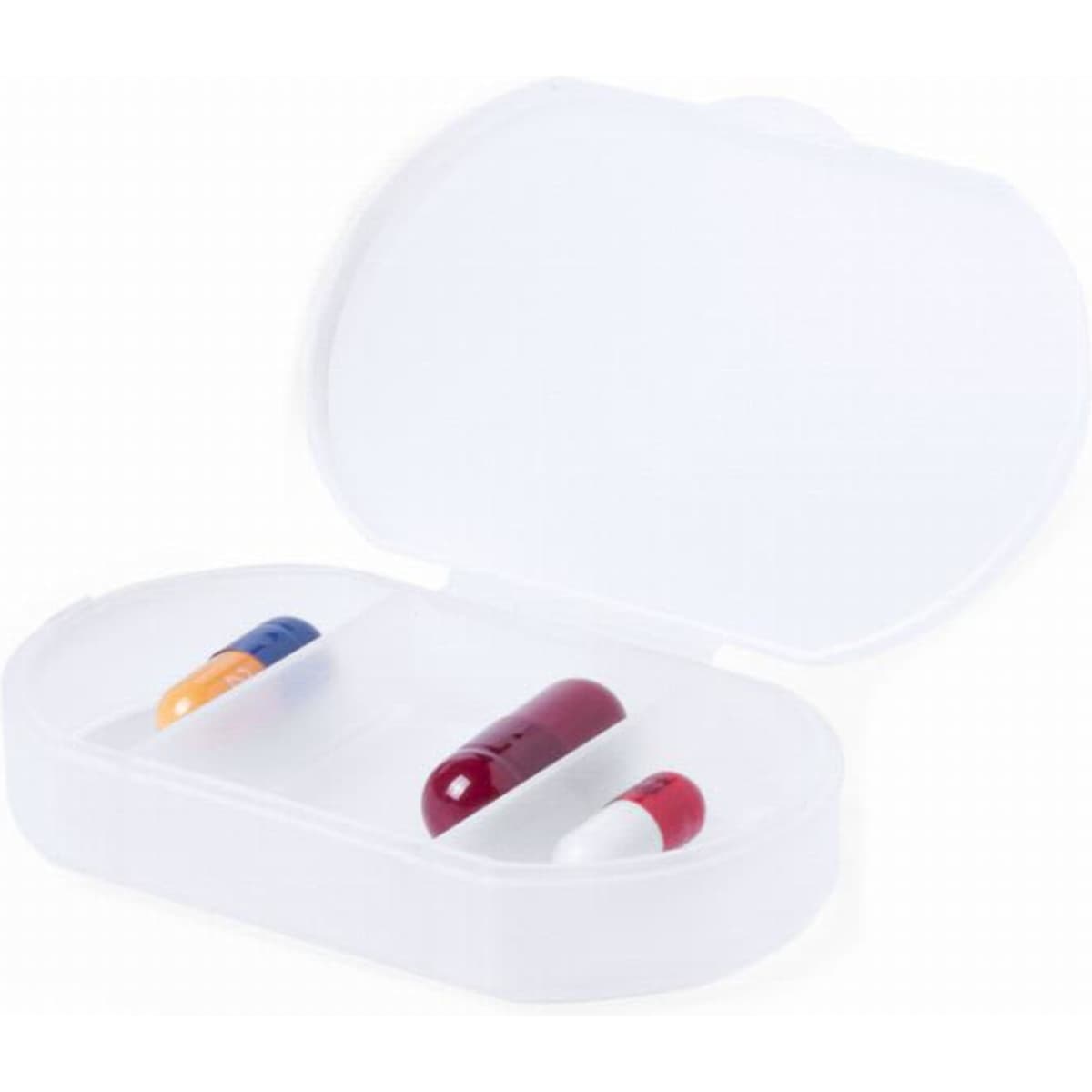 A pillbox containing three capsules: red, blue, and orange, all within a white case that has a hinged lid.
