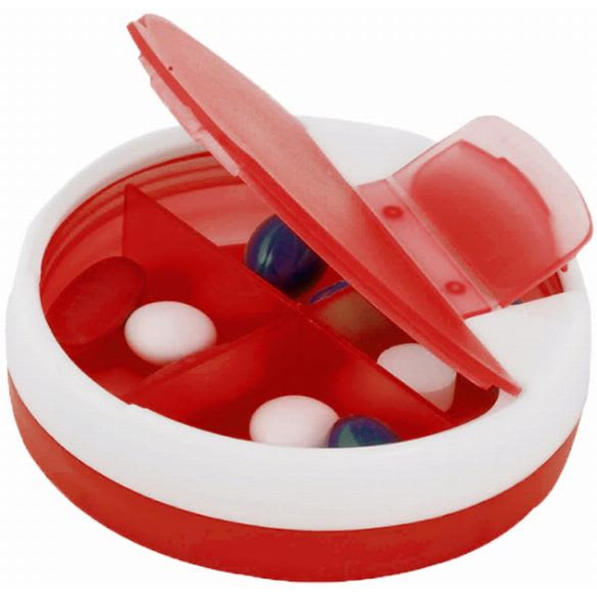 A red and white pill organiser with compartments, containing various tablets in different colours.