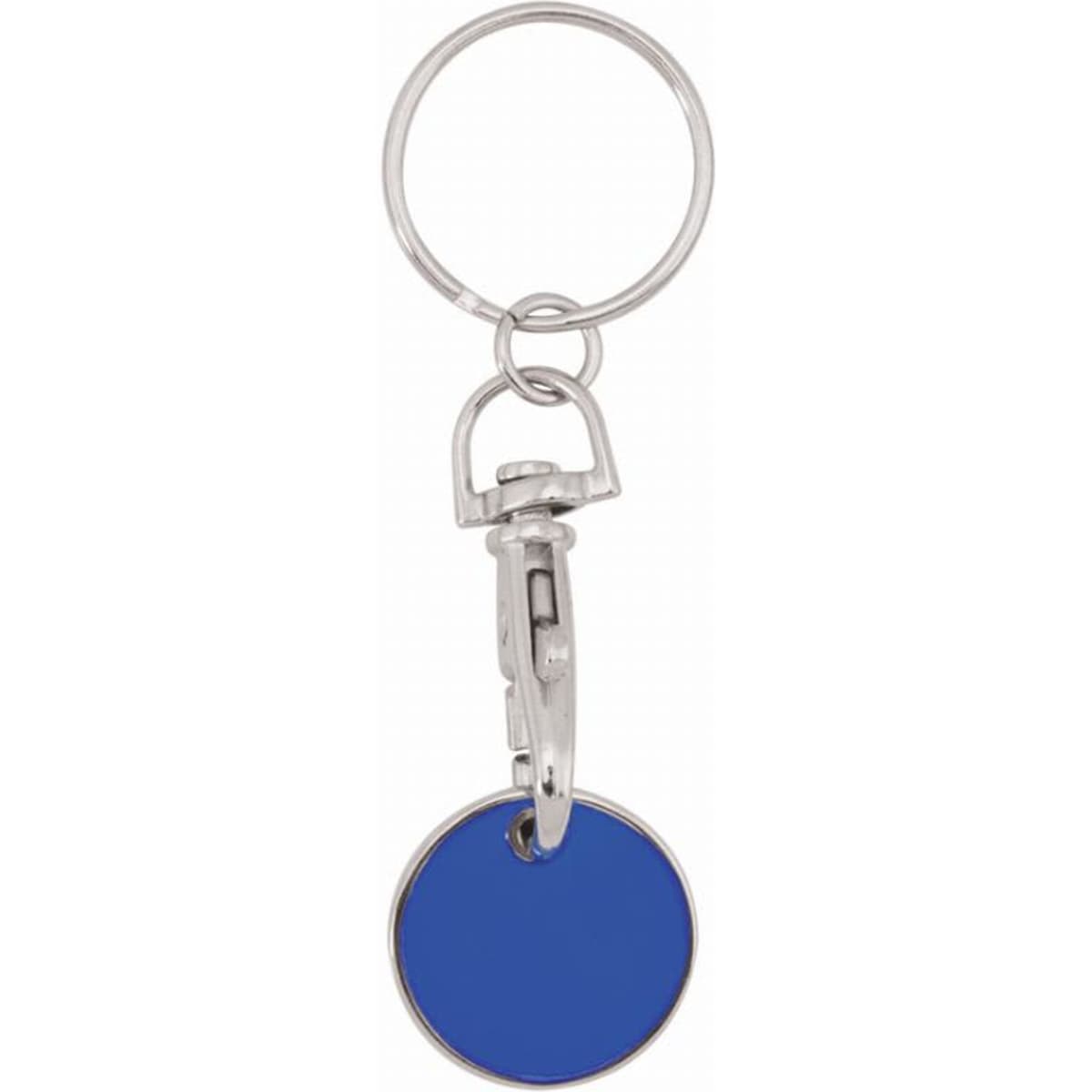 A blue keyring with a circular pendant and a metal clasp attachment. It features a metallic silver keyring.