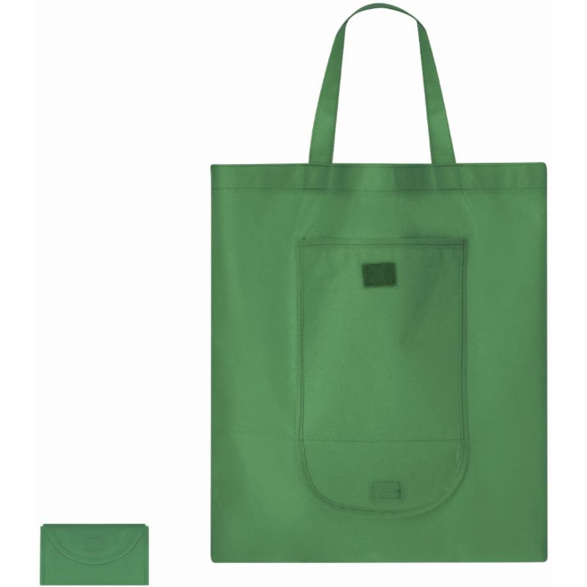 A green tote bag with two handles and a front pocket, featuring a simple design and a logo.