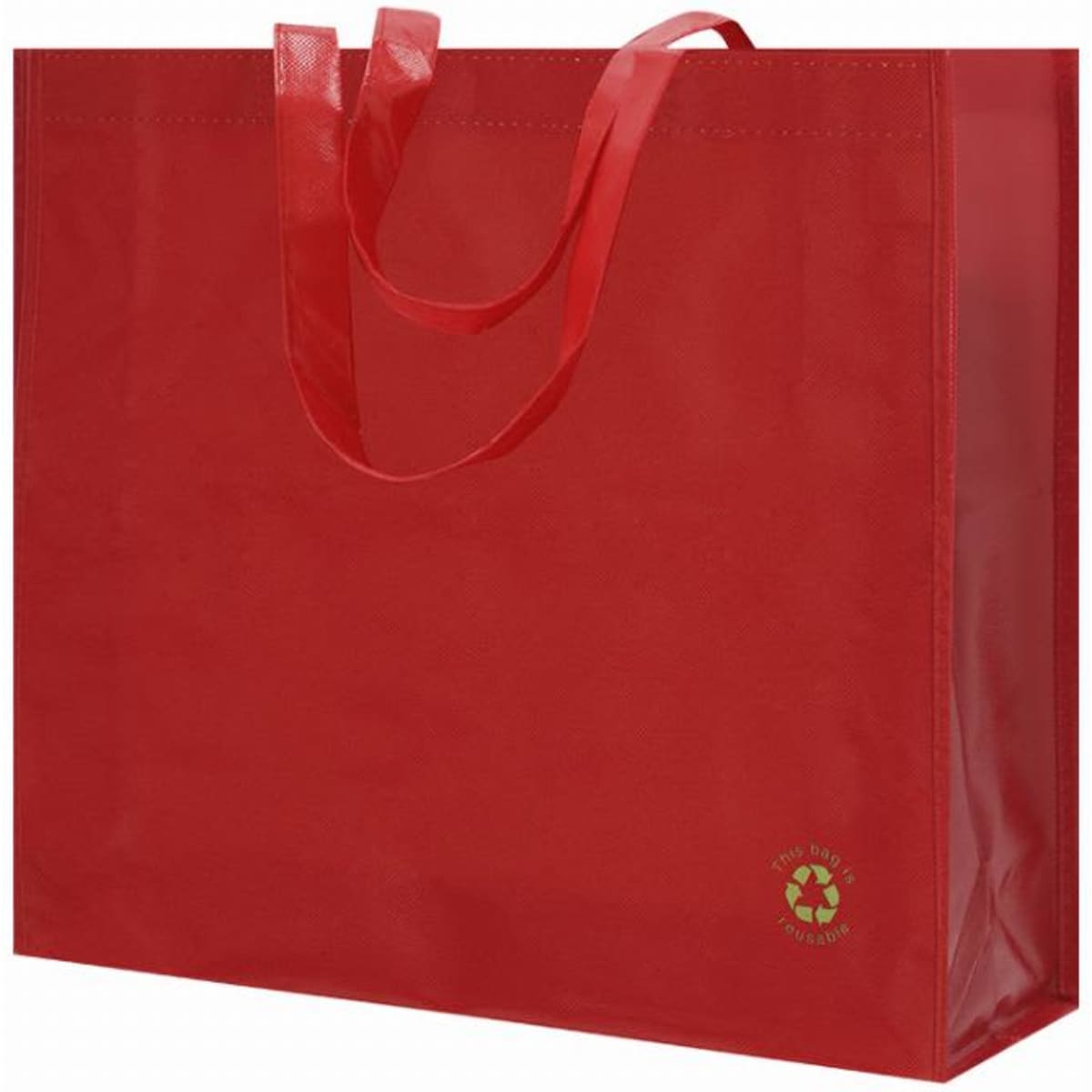 A red reusable shopping bag with two handles and a small logo on the bottom right corner.