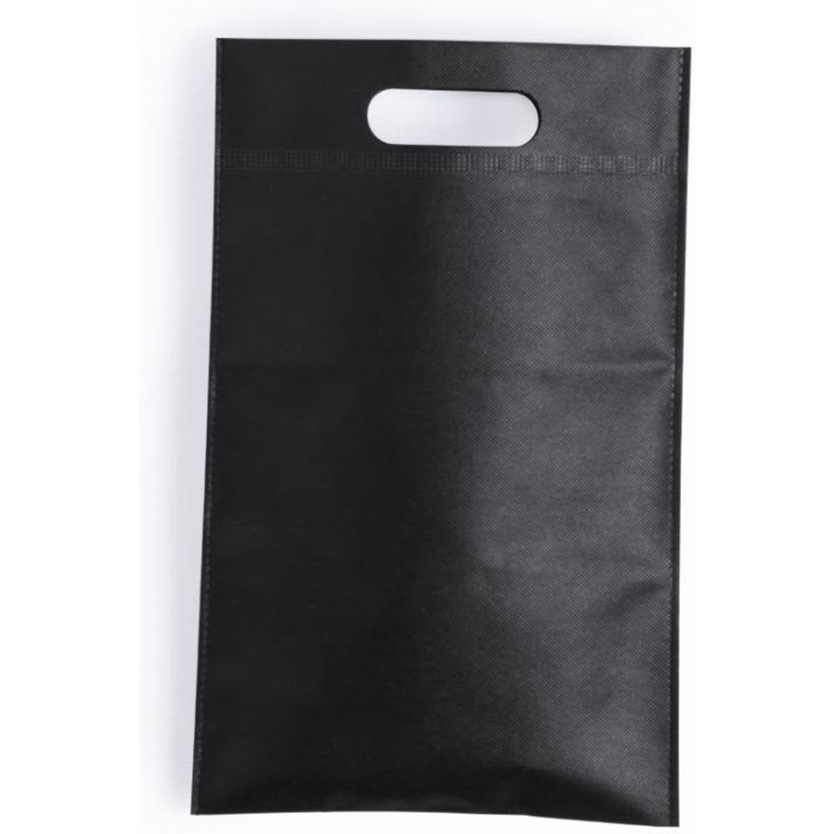 A black promotional bag with a handle, featuring a smooth surface and minimal design.