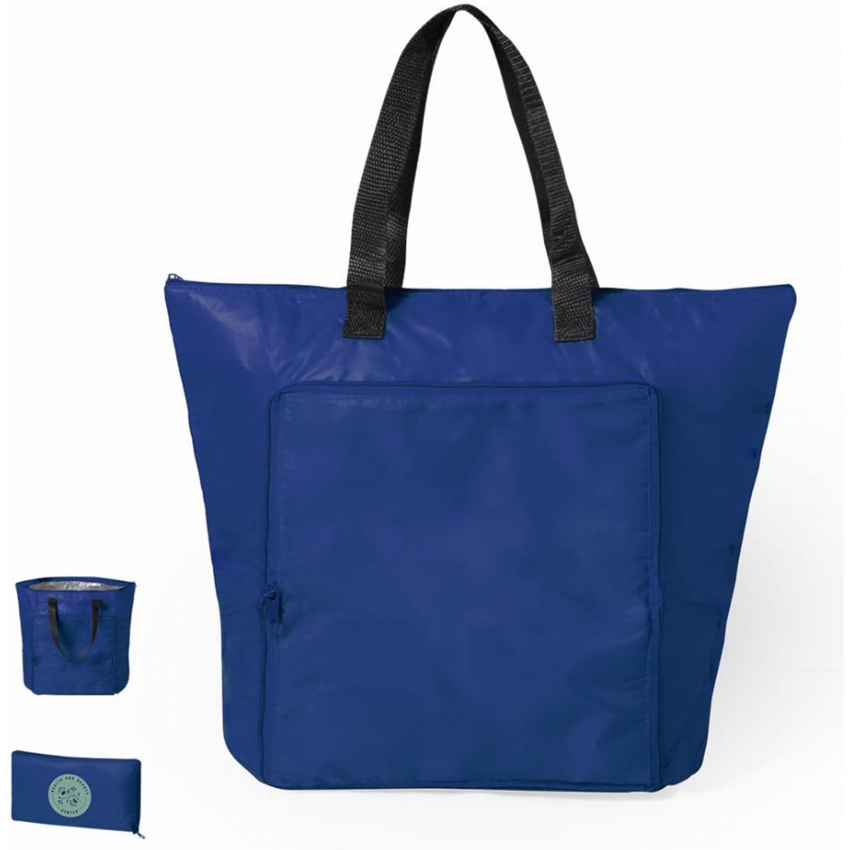 A blue tote bag with black handles and a front zippered pocket, featuring a small logo.