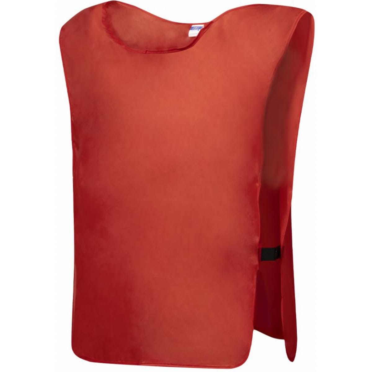 A red sports training bib with an open design and side slits for easy wearing. It features an adjustable strap.