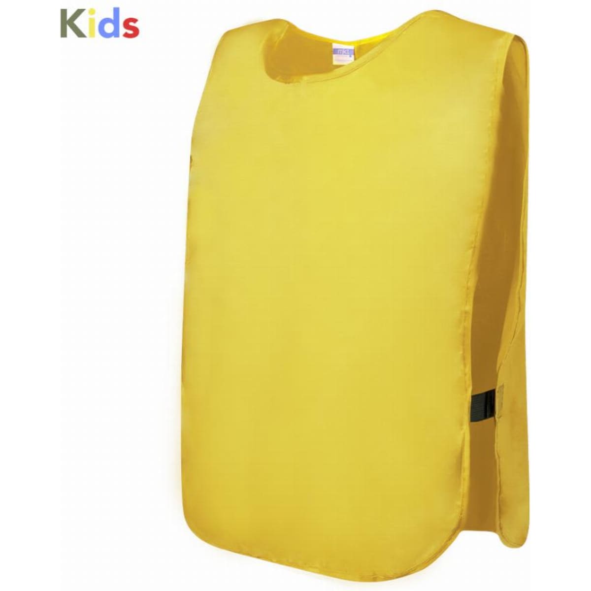 A yellow children's vest with a simple design, featuring a strap for a secure fit and no visible branding.