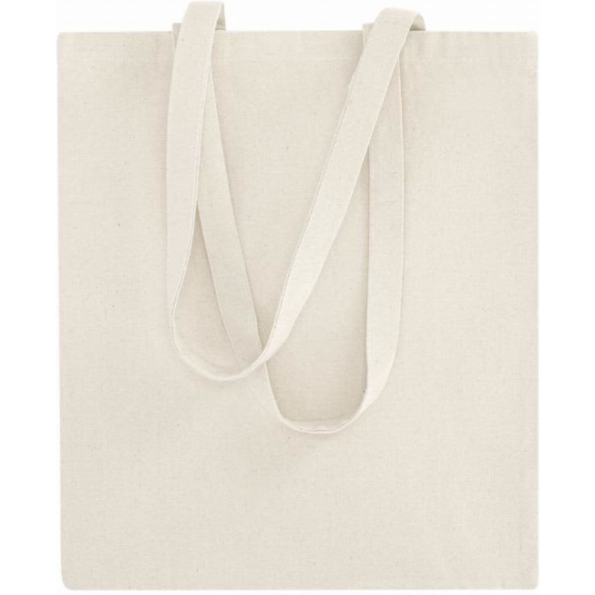 A beige tote bag with long handles. The bag is simple and has no visible branding.