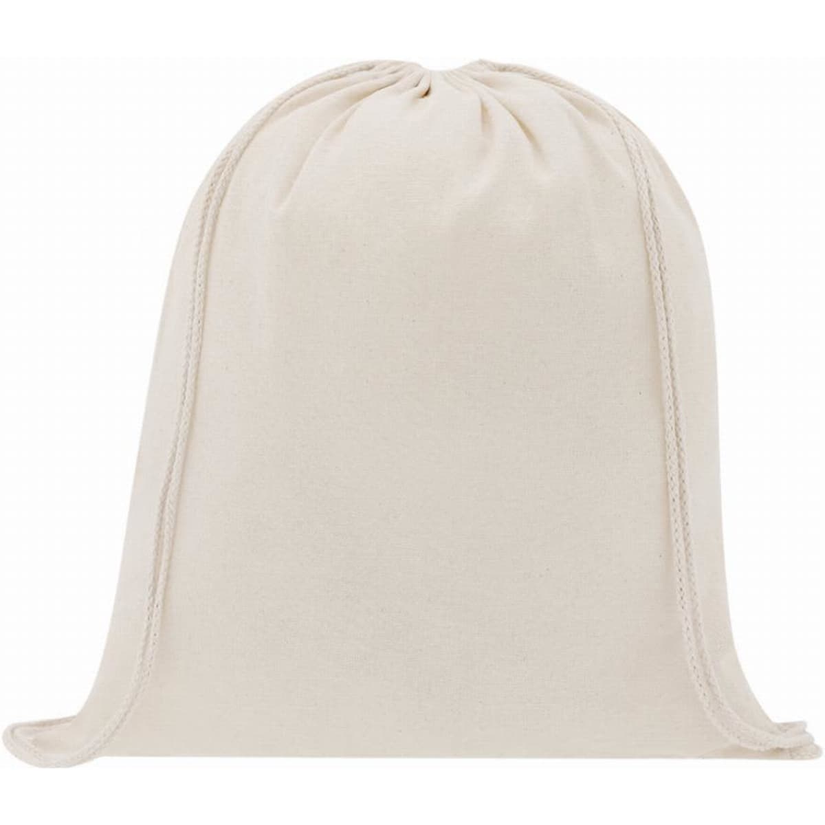 A drawstring bag in a light beige colour, featuring a gathered top and two drawstrings.