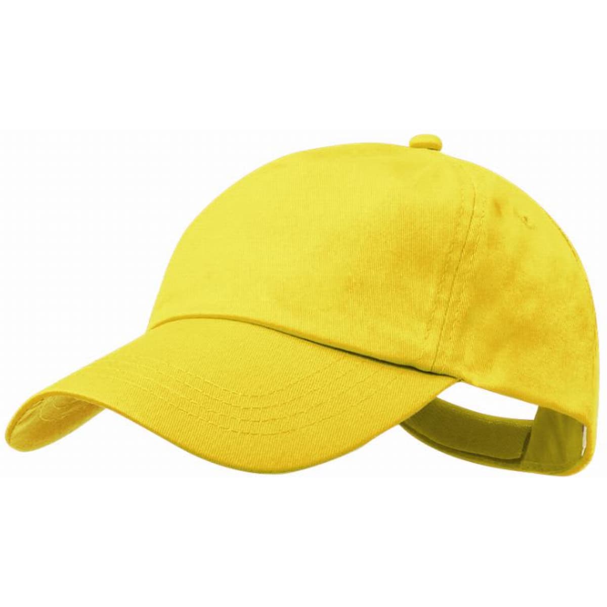 A yellow cap with a curved brim and an adjustable strap at the back. Includes a logo on the front.
