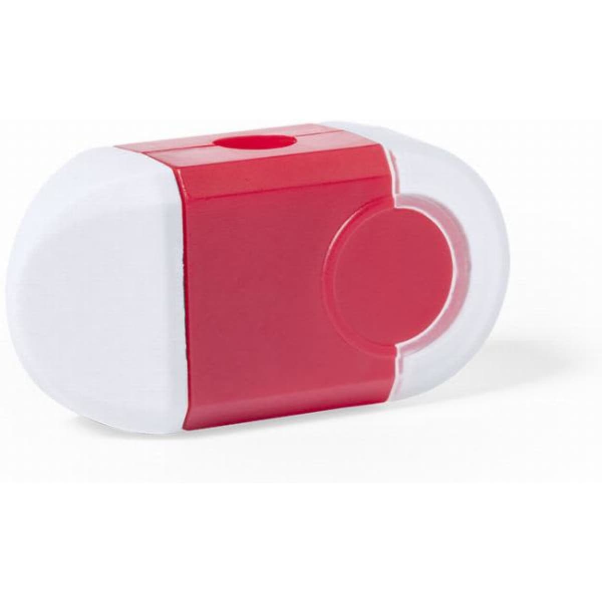 A drink bottle in red and white with a smooth, rounded design and a small opening. It features a logo.