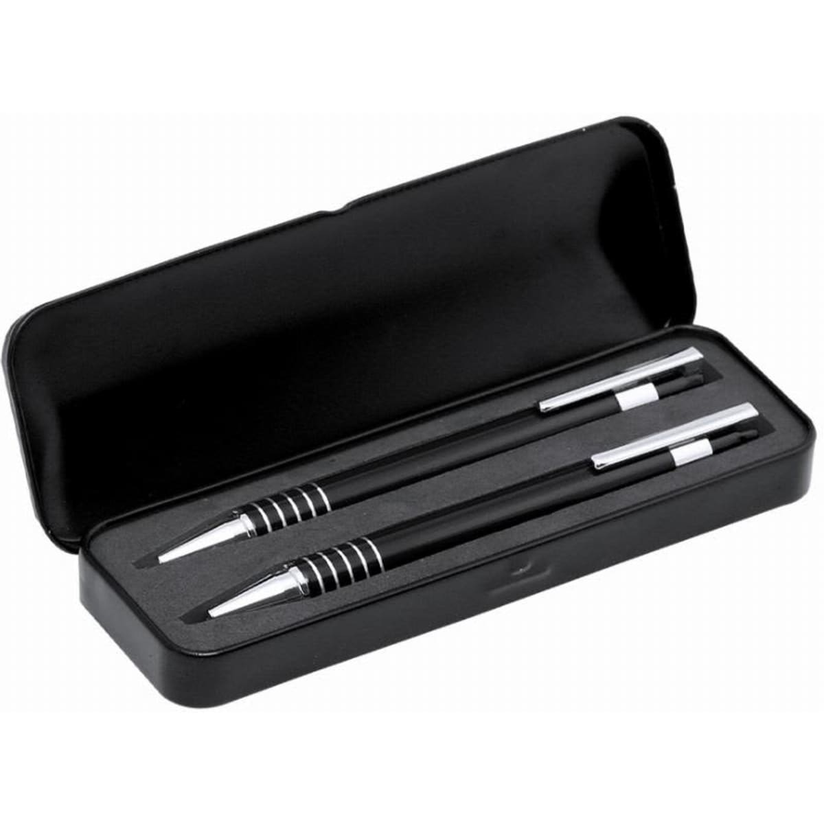 A pen set in a black case with two black pens featuring silver accents. The case is slightly open.