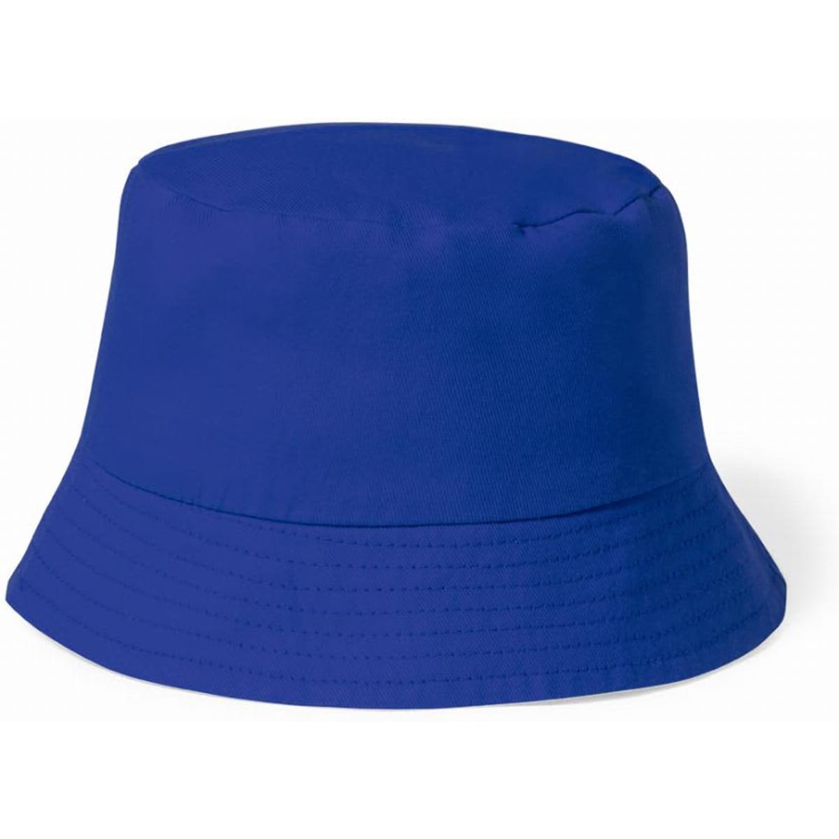 A blue bucket hat with a wide brim and a simple design, featuring a textured fabric.