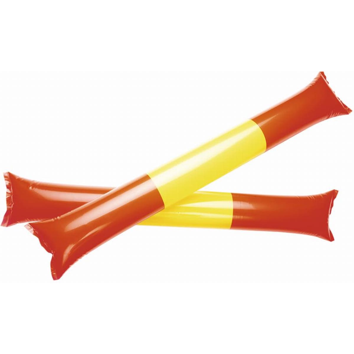 Two inflatable sticks in bright orange and yellow, featuring a smooth surface and rounded ends.
