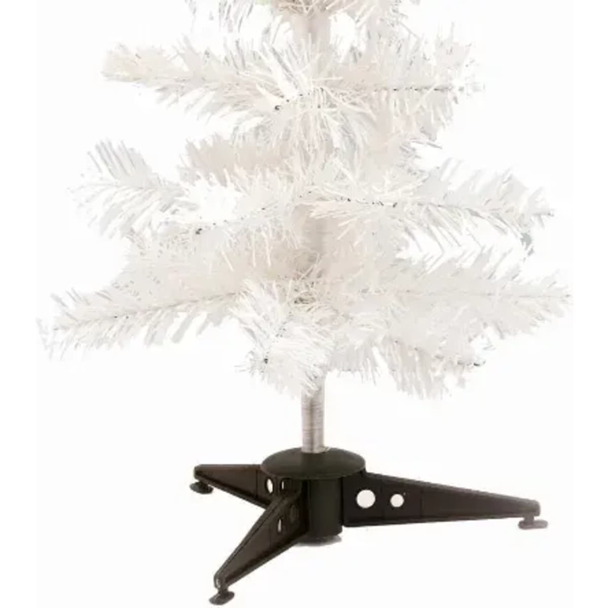 A white artificial Christmas tree with a black stand, featuring fluffy branches for decoration.