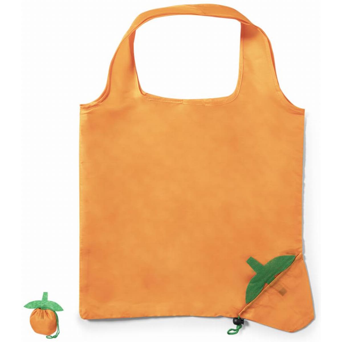 An orange tote bag with a green accent, featuring a compact design that folds into a small pouch.