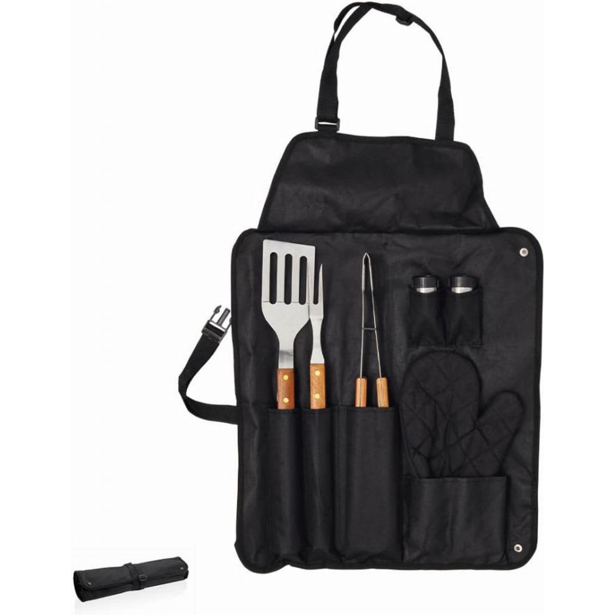 A black BBQ utensil set with a spatula, tongs, seasoners, and an oven mitt, organised in a sleek carrying apron.