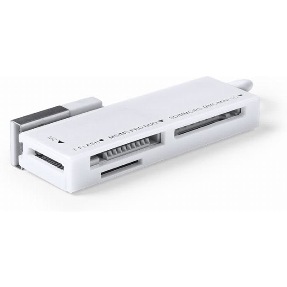 A card reader in white, featuring multiple slots for different memory cards and a USB connector.