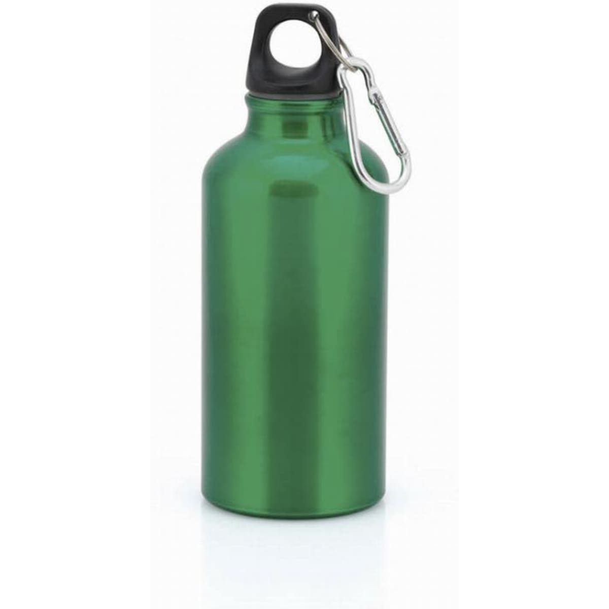 A green drink bottle with a black cap and a carabiner attached for easy carrying.