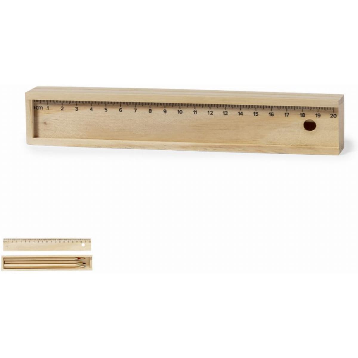 A wooden ruler with a smooth finish, marked from 0 to 20 cm, featuring a small hole and a compartment for storage.