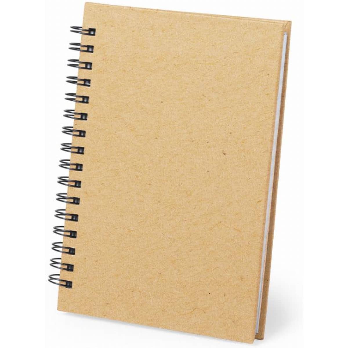 A notebook with a kraft paper cover and a spiral binding. It is blank and unmarked.