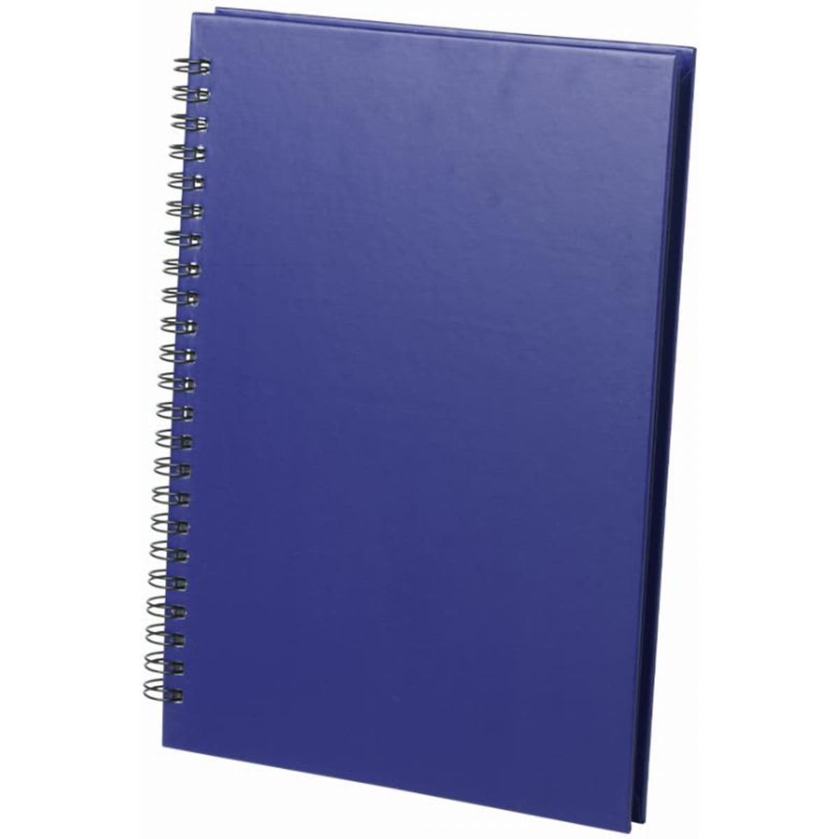 A spiral-bound notebook with a deep blue cover, featuring a glossy finish and a visible spiral binding.