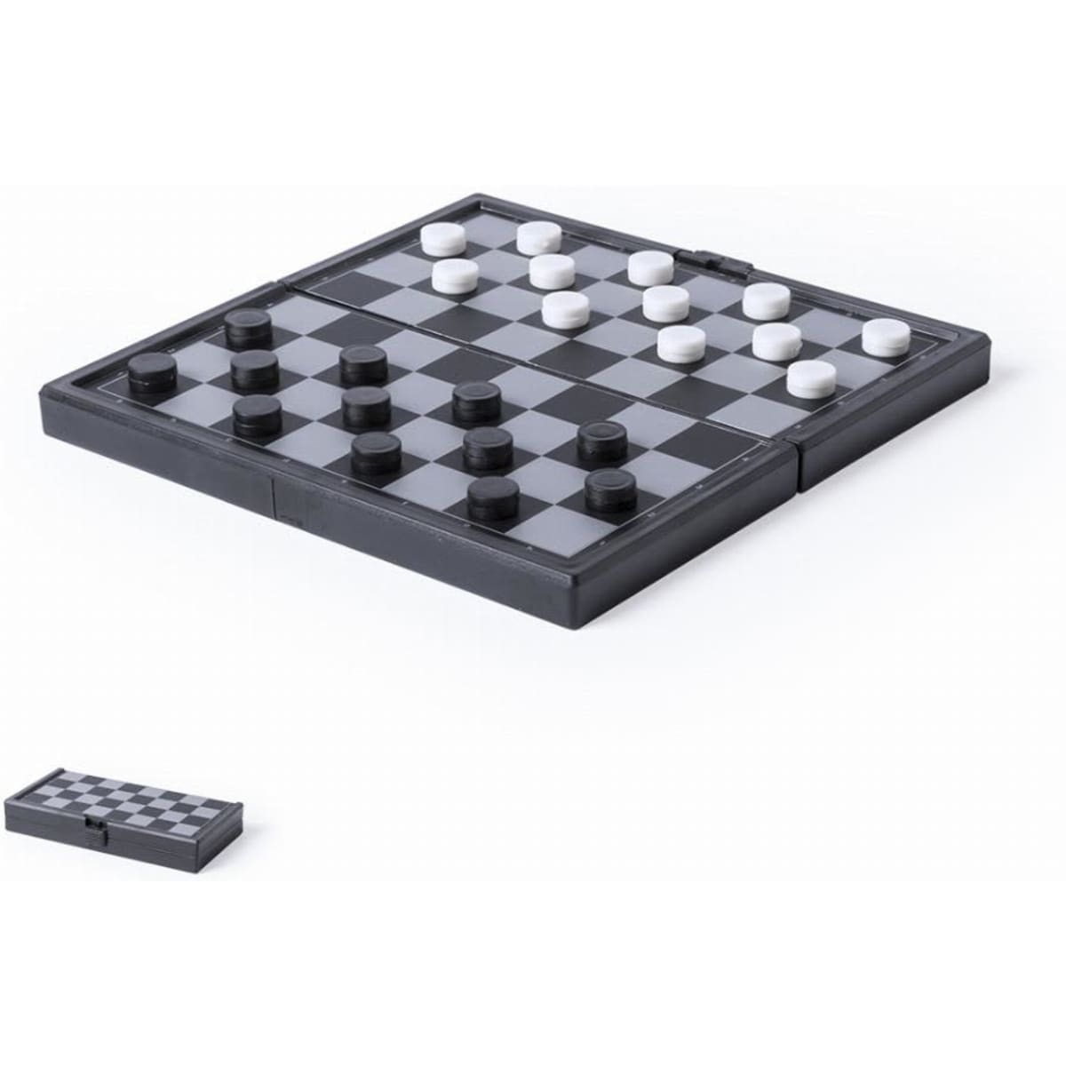 A checkers game set with a black and white board, featuring black and white checkers pieces. It includes a foldable design.