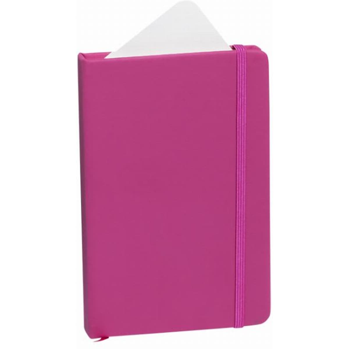 A pink notebook with an elastic band and a card tucked inside. It has a smooth, glossy finish.