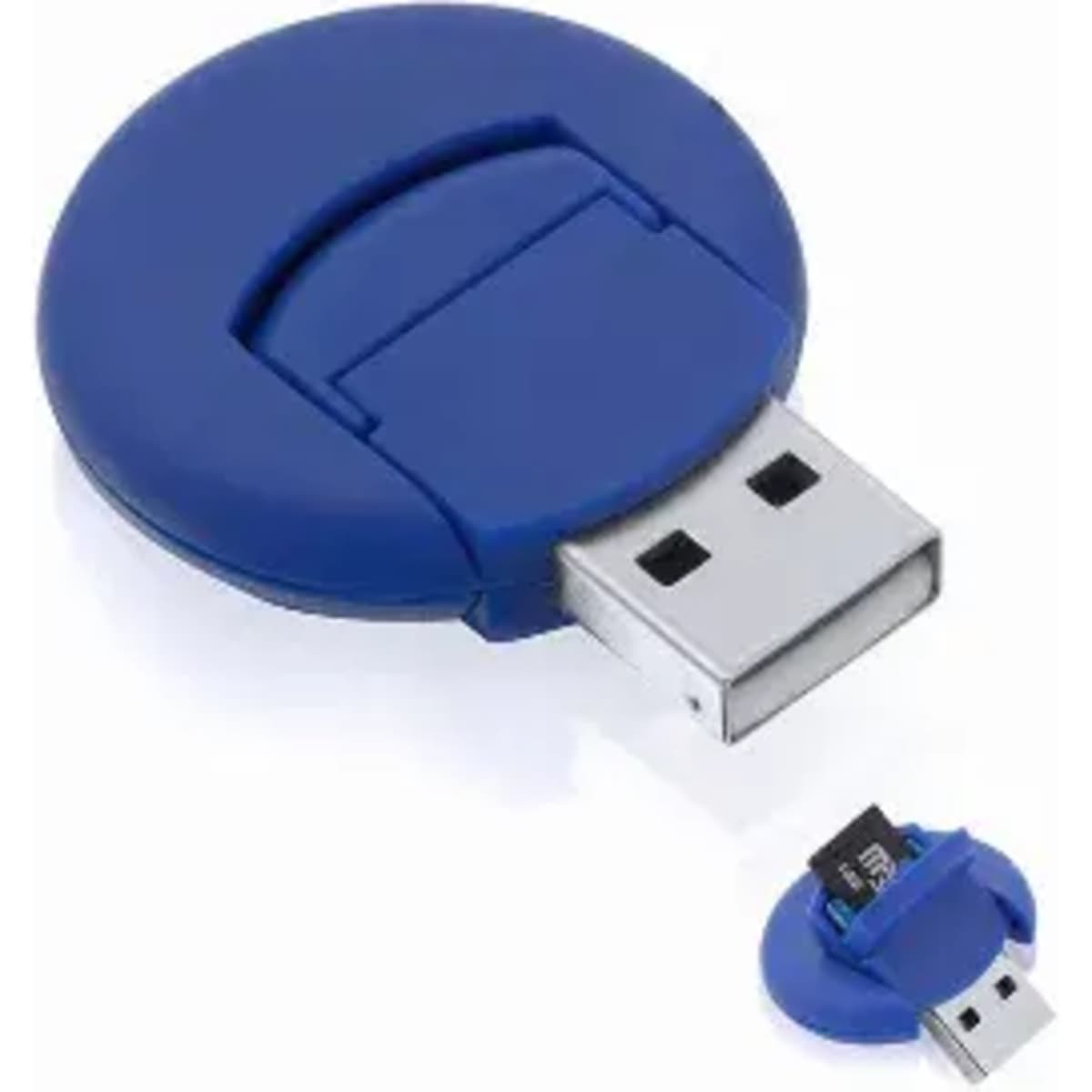 A USB drive with a circular blue casing, partially extended to reveal the USB connector. It features a branding logo.