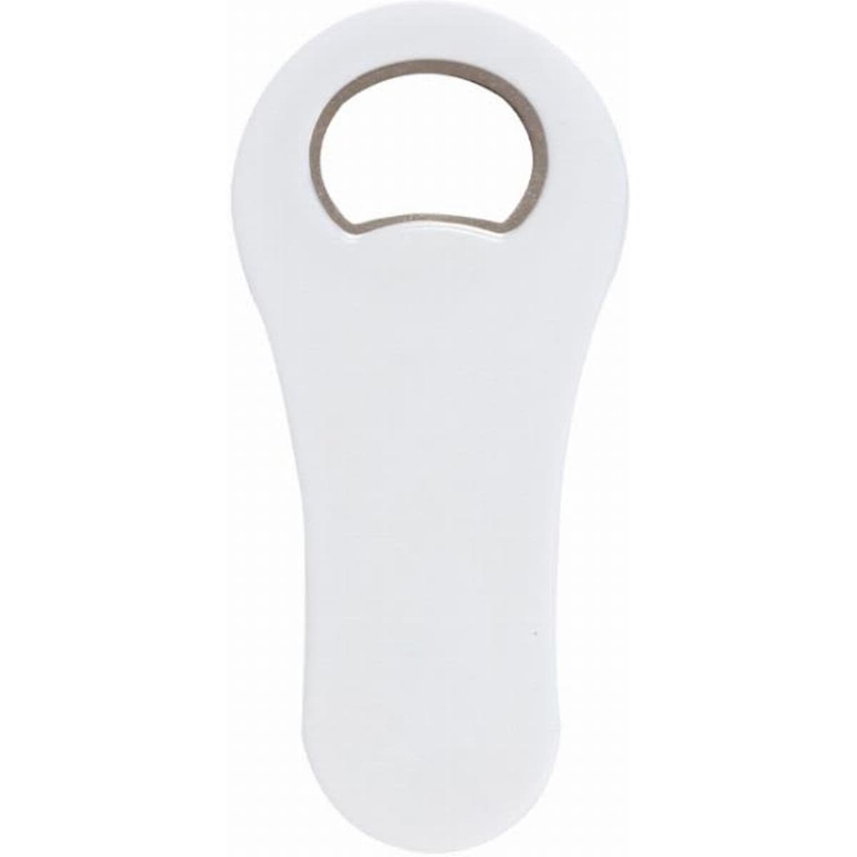 A bottle opener with a white handle and a circular metal opening. Brand logo visible on the handle.