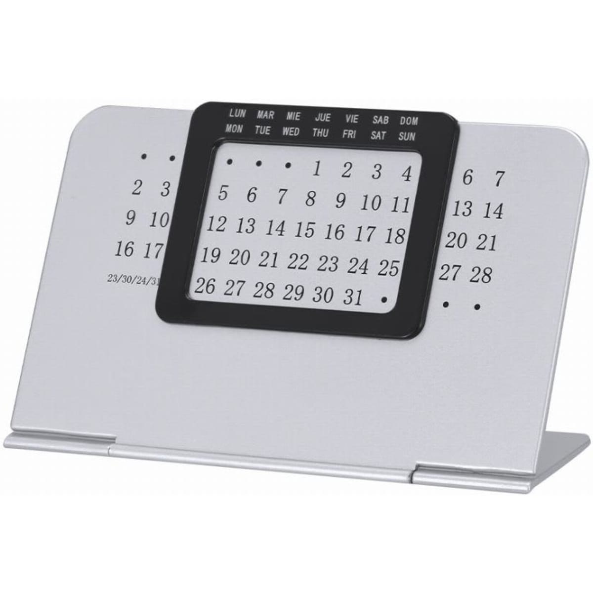 A desktop calendar with a silver base and a black date grid. Displays days of the week and numbers for the month.
