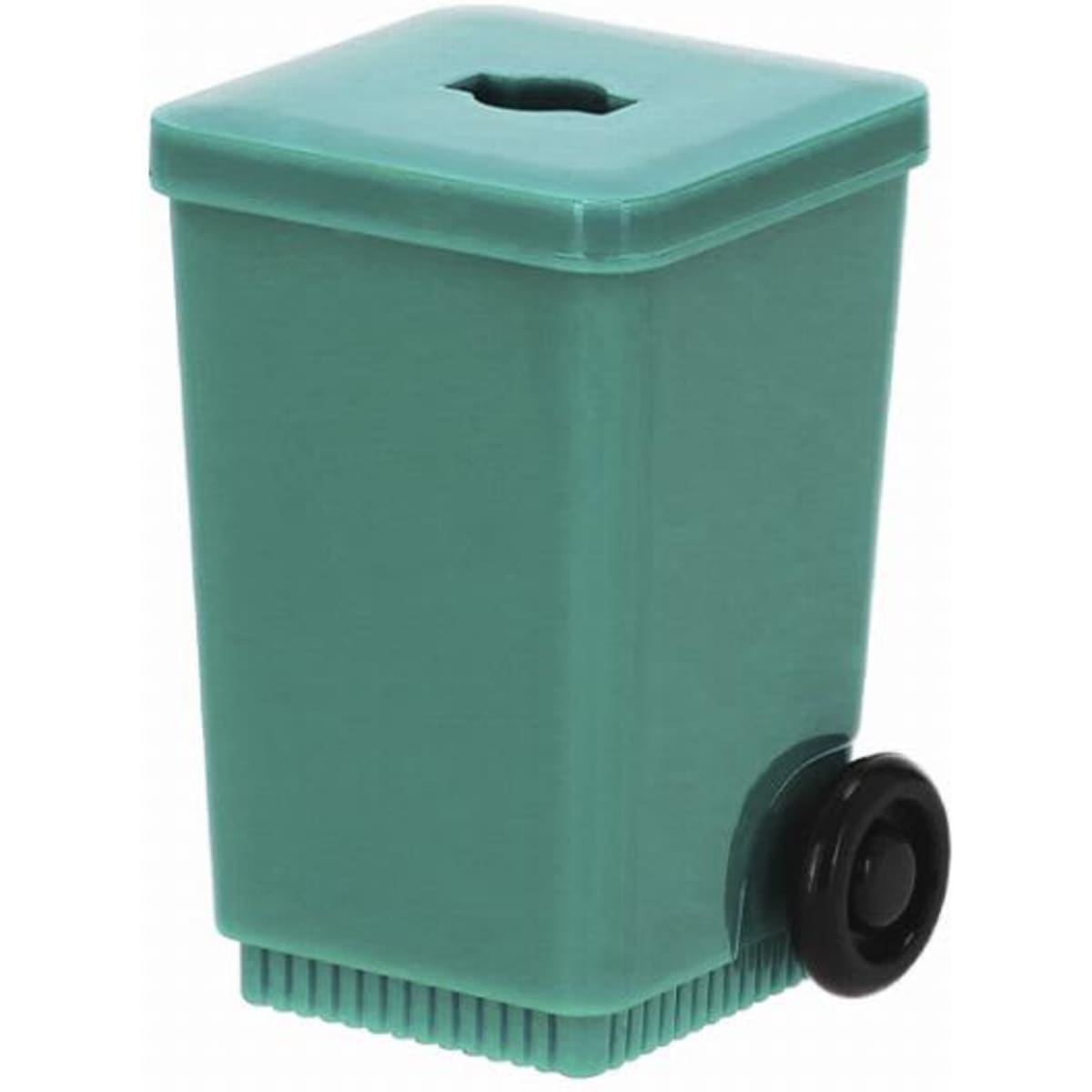 A plastic bin with a teal exterior and a black wheel, featuring a rectangular shape and a top opening.