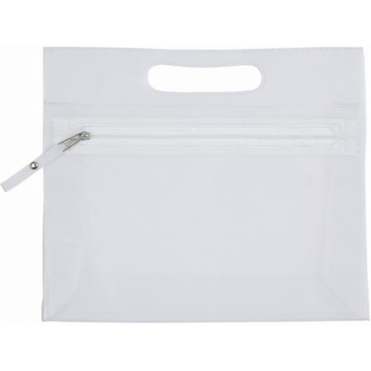 A white zippered pouch with a handle, featuring a transparent front pocket and a zipper closure.