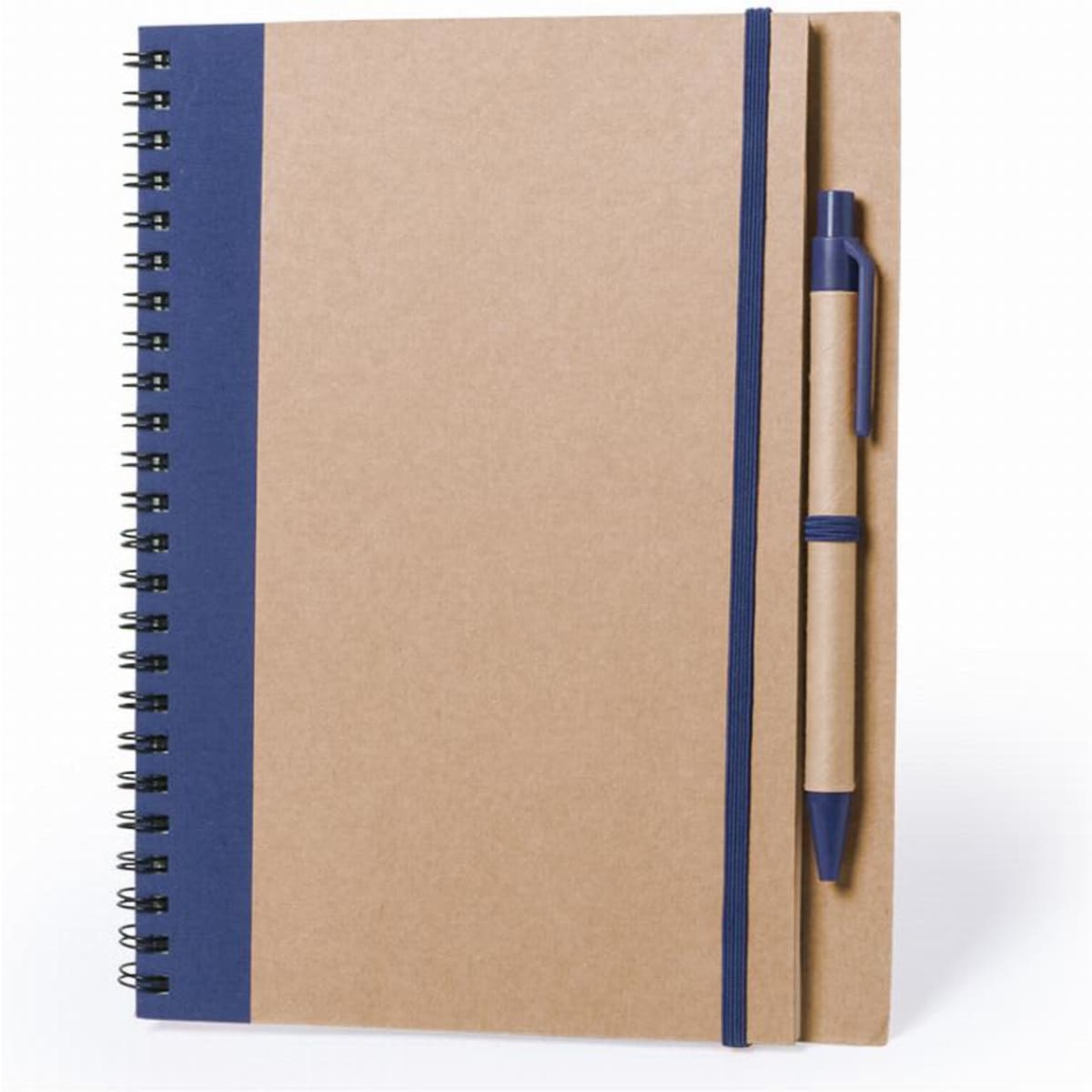 A notebook with a kraft cover and navy blue accents, featuring a spiral binding and a matching pen.