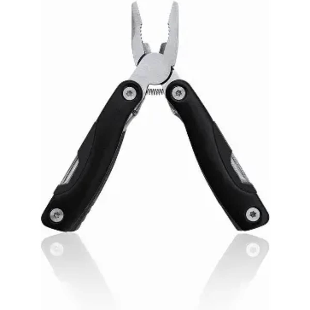 A multi-tool with pliers and black rubberised handles, featuring shiny metal components and a reflective base.