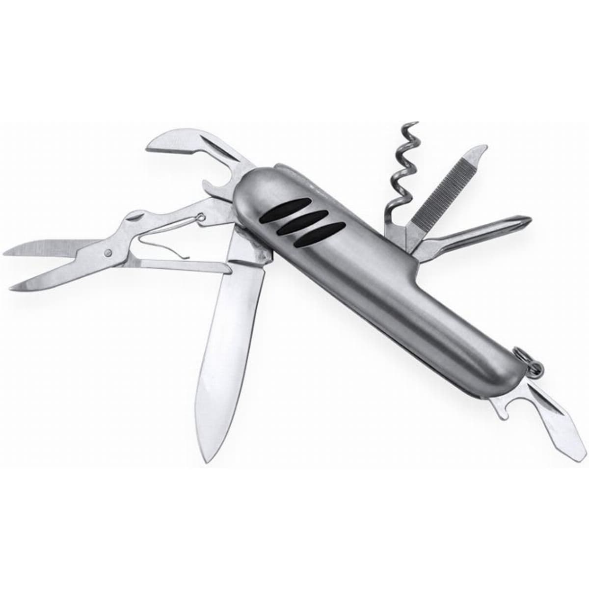 A multi-tool with silver metal finish features pliers, scissors, blades, and a corkscrew, along with a logo.