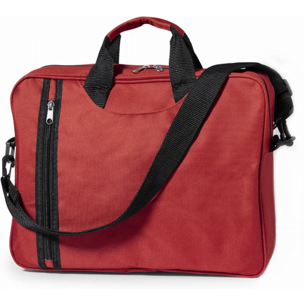 A red carry bag with black accents, featuring two handles and a detachable shoulder strap.