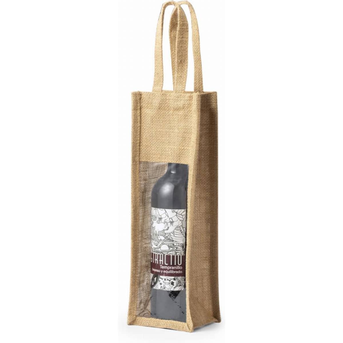 A drink bottle in a transparent jute bag, featuring natural tones and a distinctive label design.