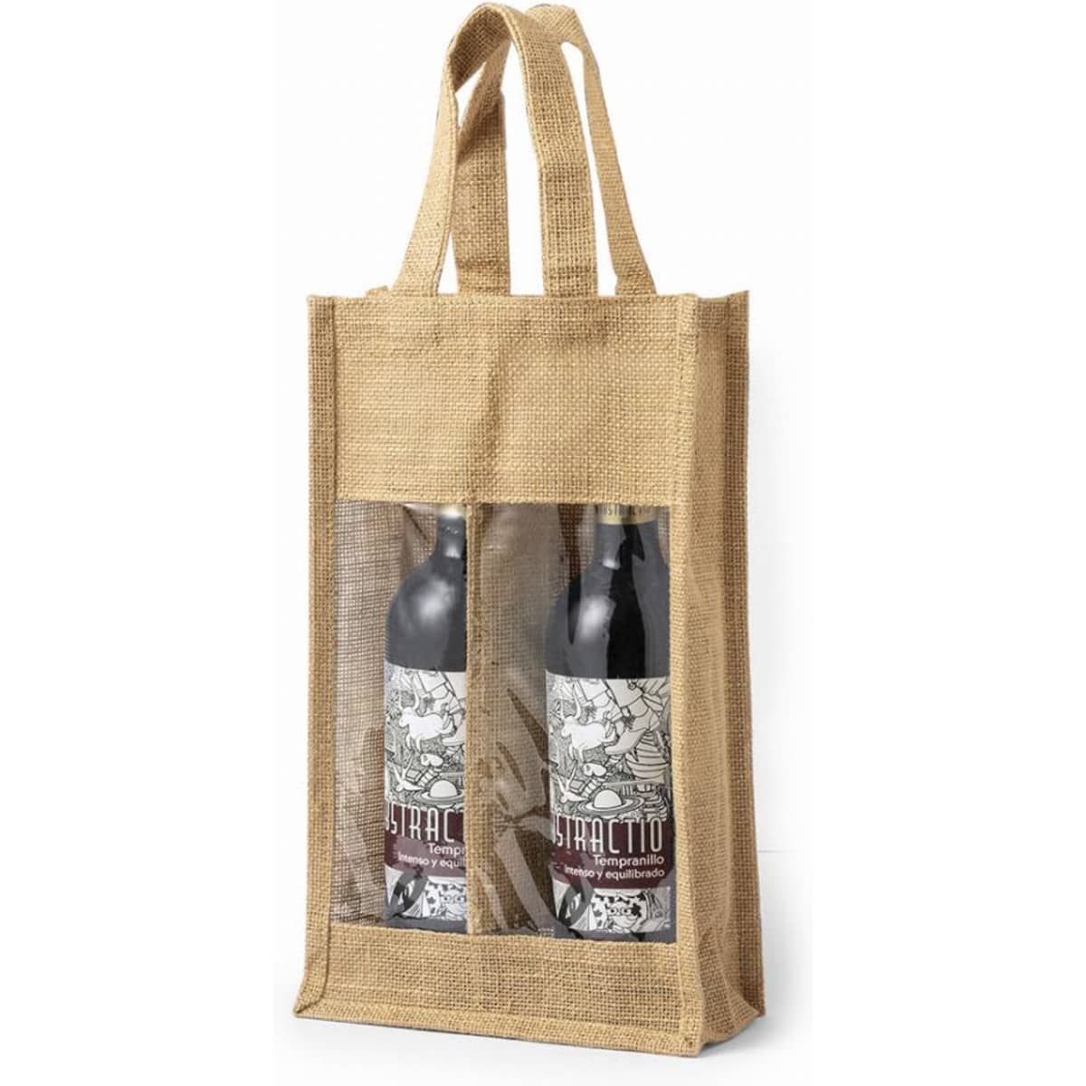 A jute wine tote featuring two compartments for bottles, showcasing a natural brown colour and transparent panels.