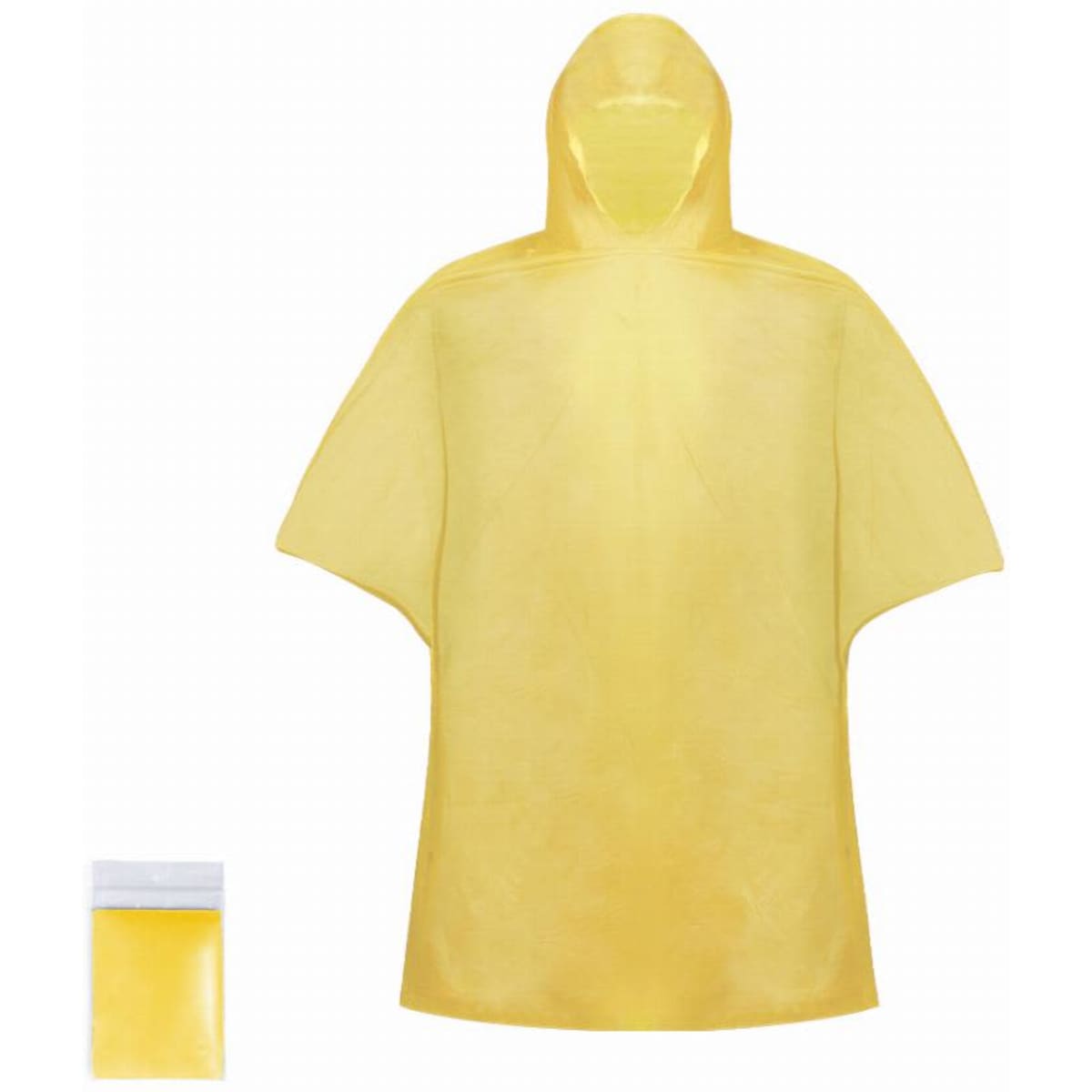 A yellow poncho with a hood displayed beside a clear packaging bag. The poncho has a loose, roomy design.