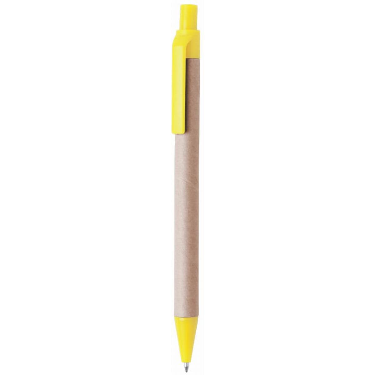 A yellow pen with a cardboard barrel and a clip at the top.