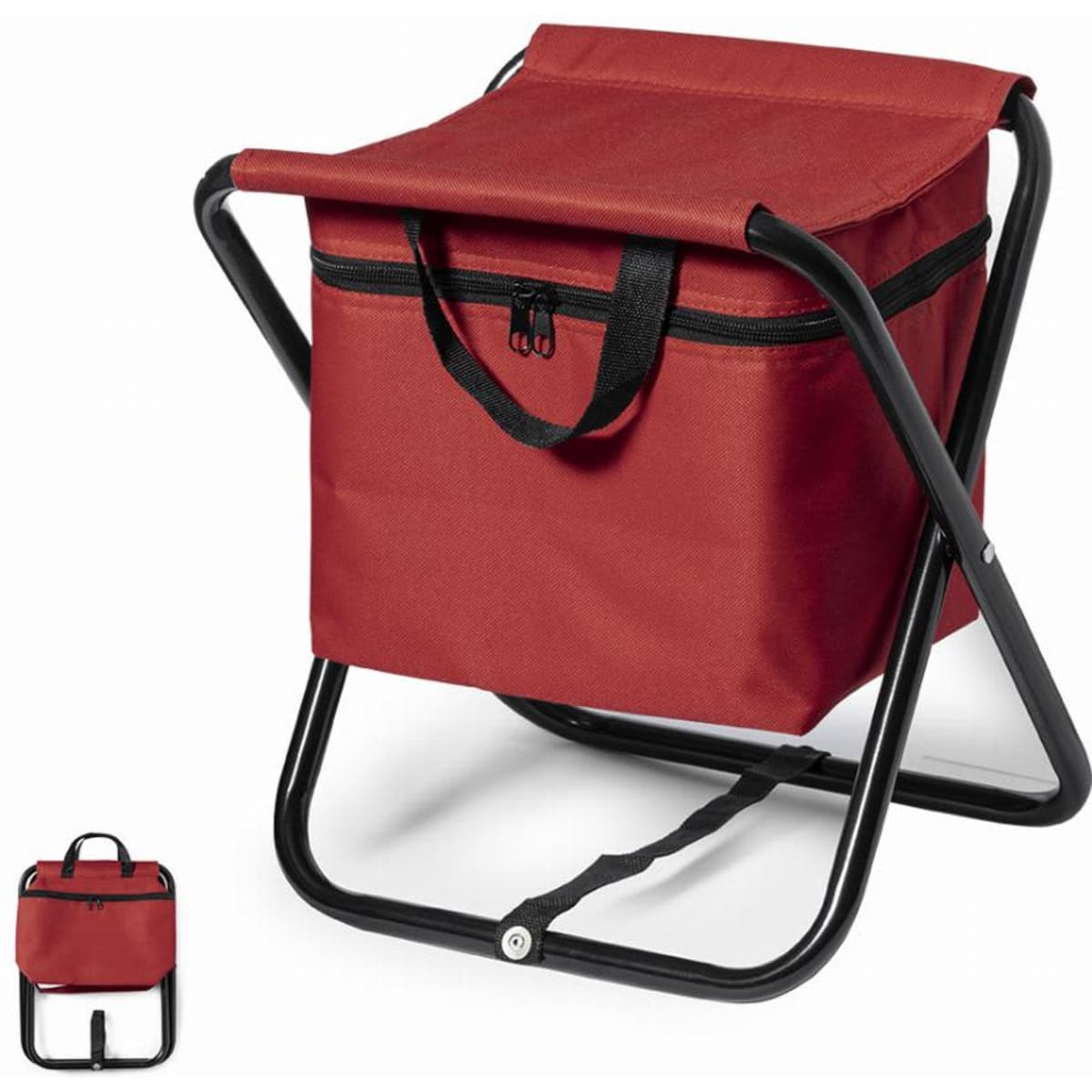 A red folding cooler with a zippered compartment and a sturdy black frame. It includes a carry handle for portability.