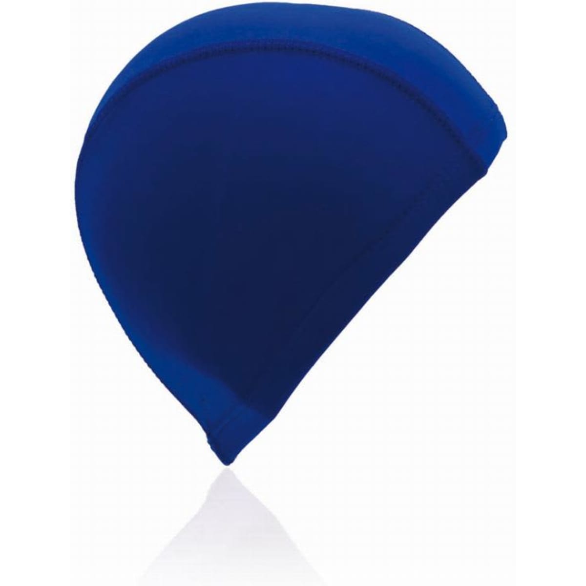 A swim cap in a solid blue colour with a seamless design, featuring a subtle sheen. It has a small branding logo.