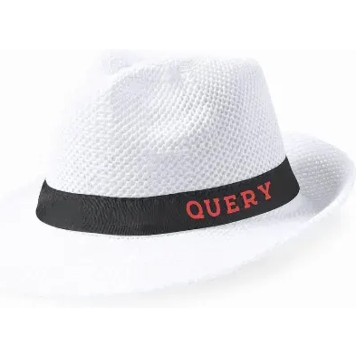 A white straw hat with a black band featuring the word "QUERY" in red.