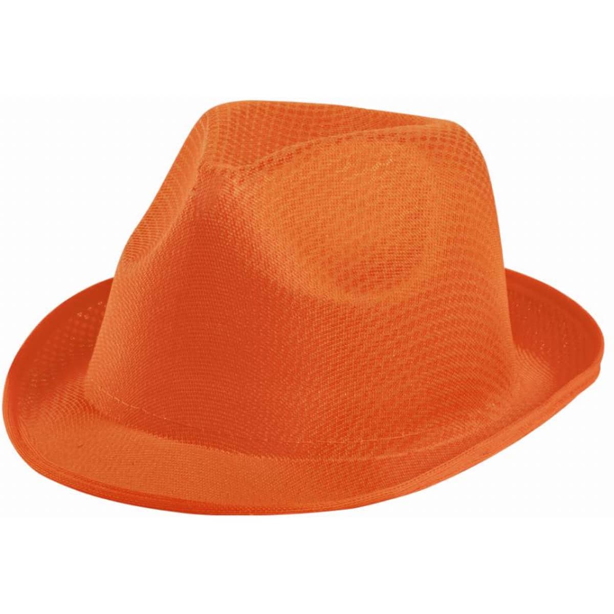 An orange mesh fedora hat with a classic design. The hat features a wide brim and a textured finish.