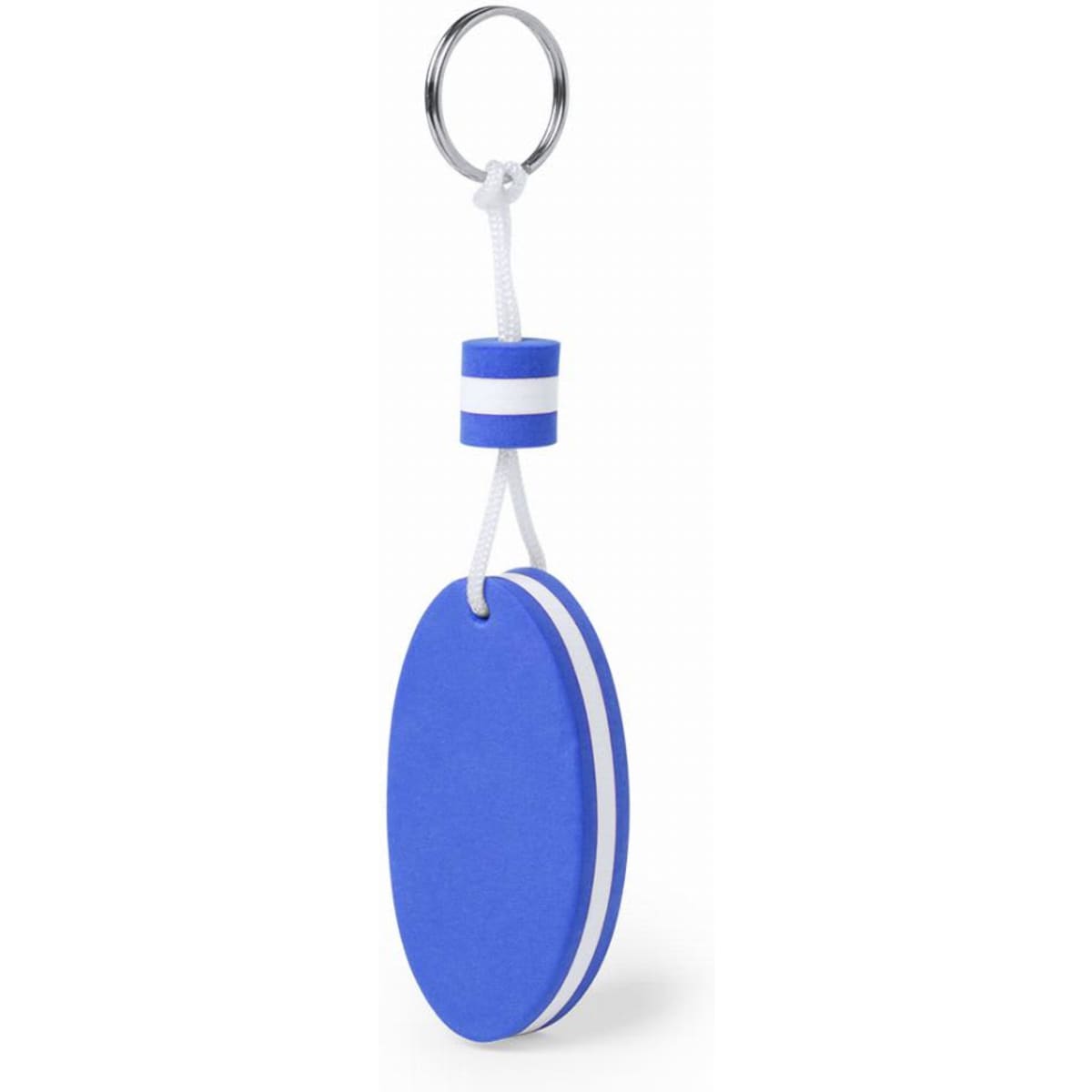 A blue keychain float with a white stripe, featuring a metal ring and a loop for attachment.