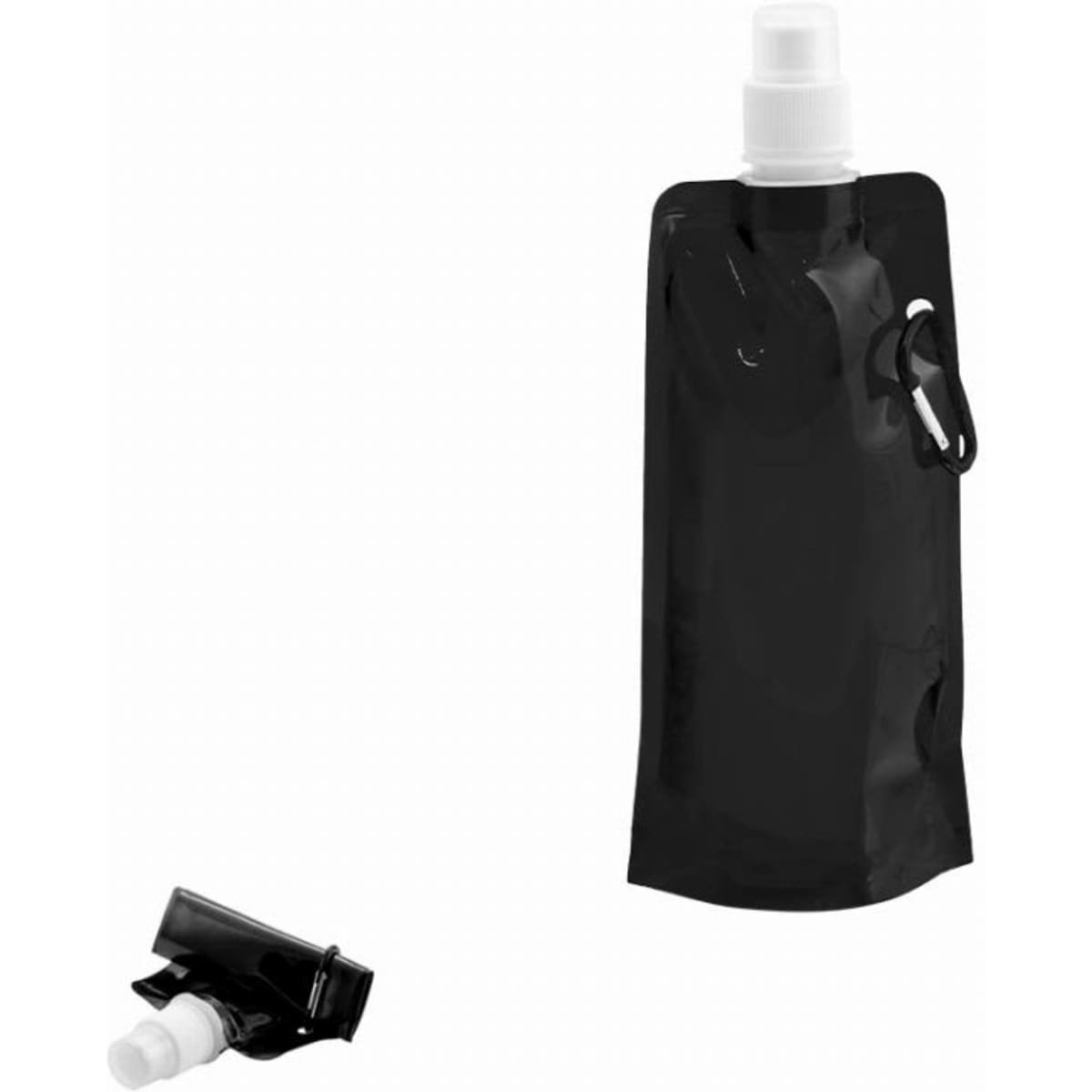 A drink bottle in black with a white spout and a compact design, featuring a logo on the surface.