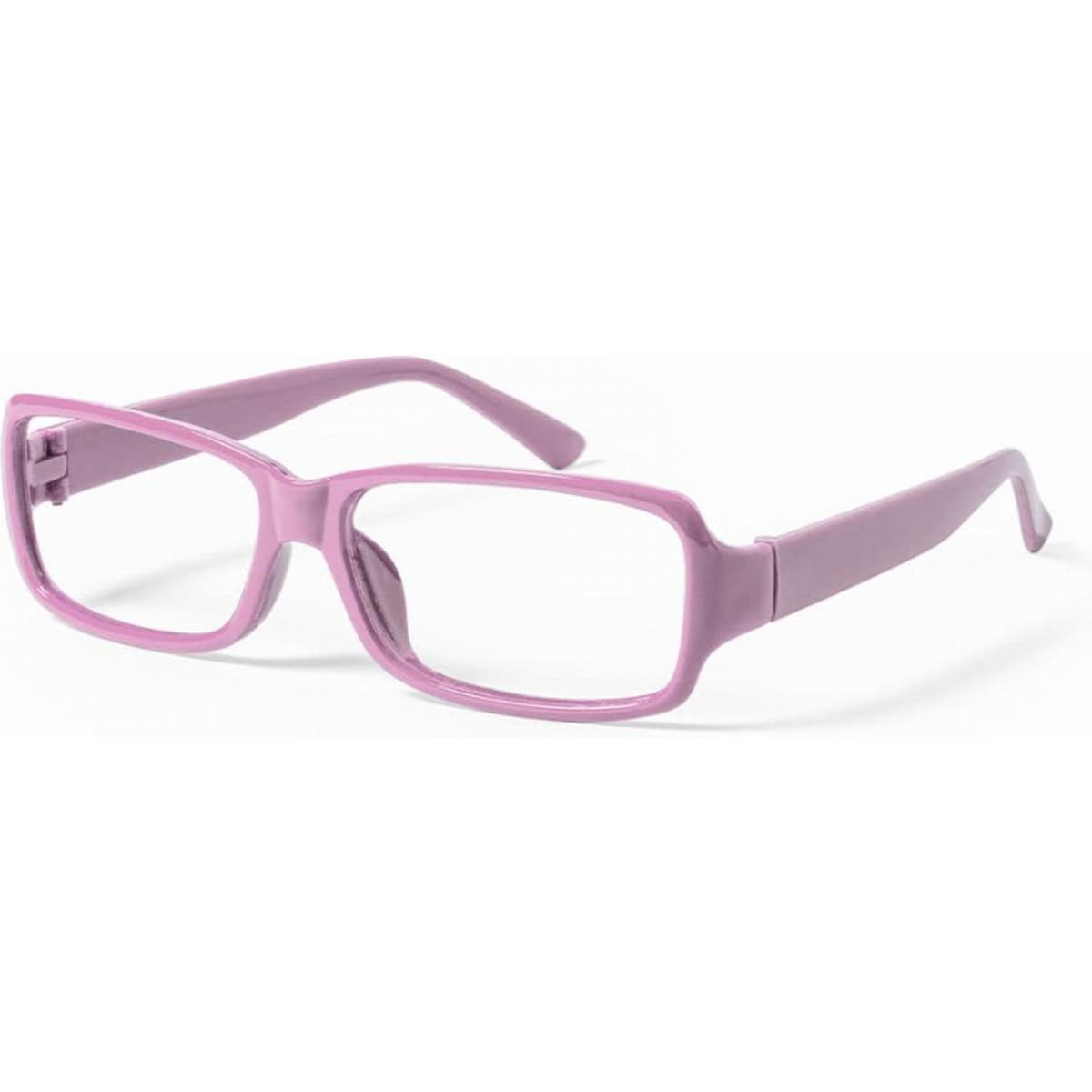 A pair of rectangular glasses with a light pink plastic frame and clear lenses, featuring straight arms.