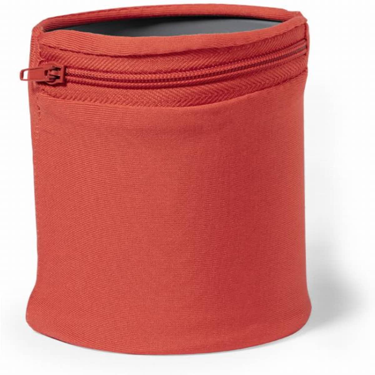 An insulated drink bottle sleeve in vibrant orange with a zip closure and a soft fabric exterior.