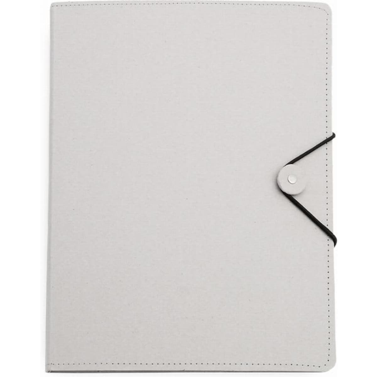 A grey folder with a button closure and an elastic band, featuring a simple and minimalist design.