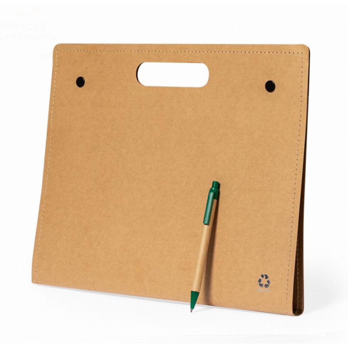 A recycled paper folder in a brown tone with a handle, featuring a green pen attached.